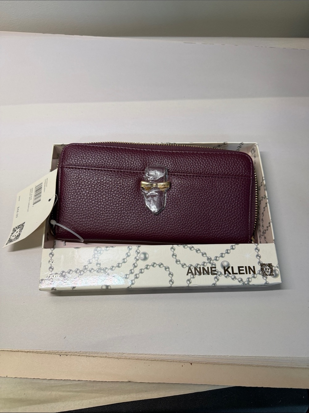 Anne Klein Plum Pebbled Zip-Around Wallet with Gold Accent